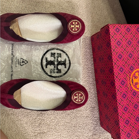 Tory Burch Shoes - Tory Burch Red Suede Flats with Logo
